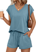 AUTOMET 2 Piece V Neck Cap Sleeve Shirt and Shorts Set - Lightweight