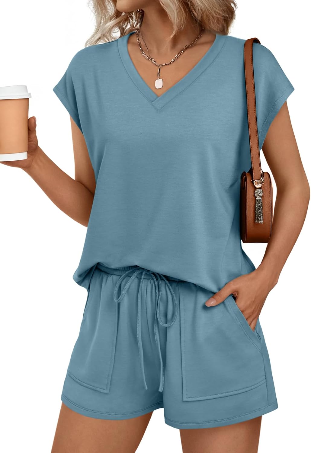 AUTOMET V Neck Cap Sleeve Shirt and Shorts Set for Women