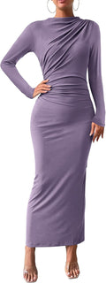 Bodycon Maxi Dress Long Sleeve Back Slit Ruched - Elegant Fit Picture