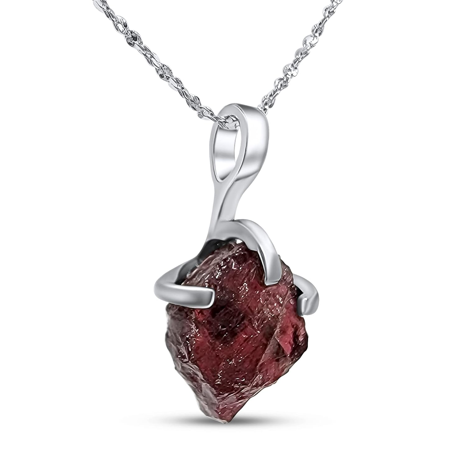 Natural Raw Garnet Pendant Chain Necklace in White Gold 925