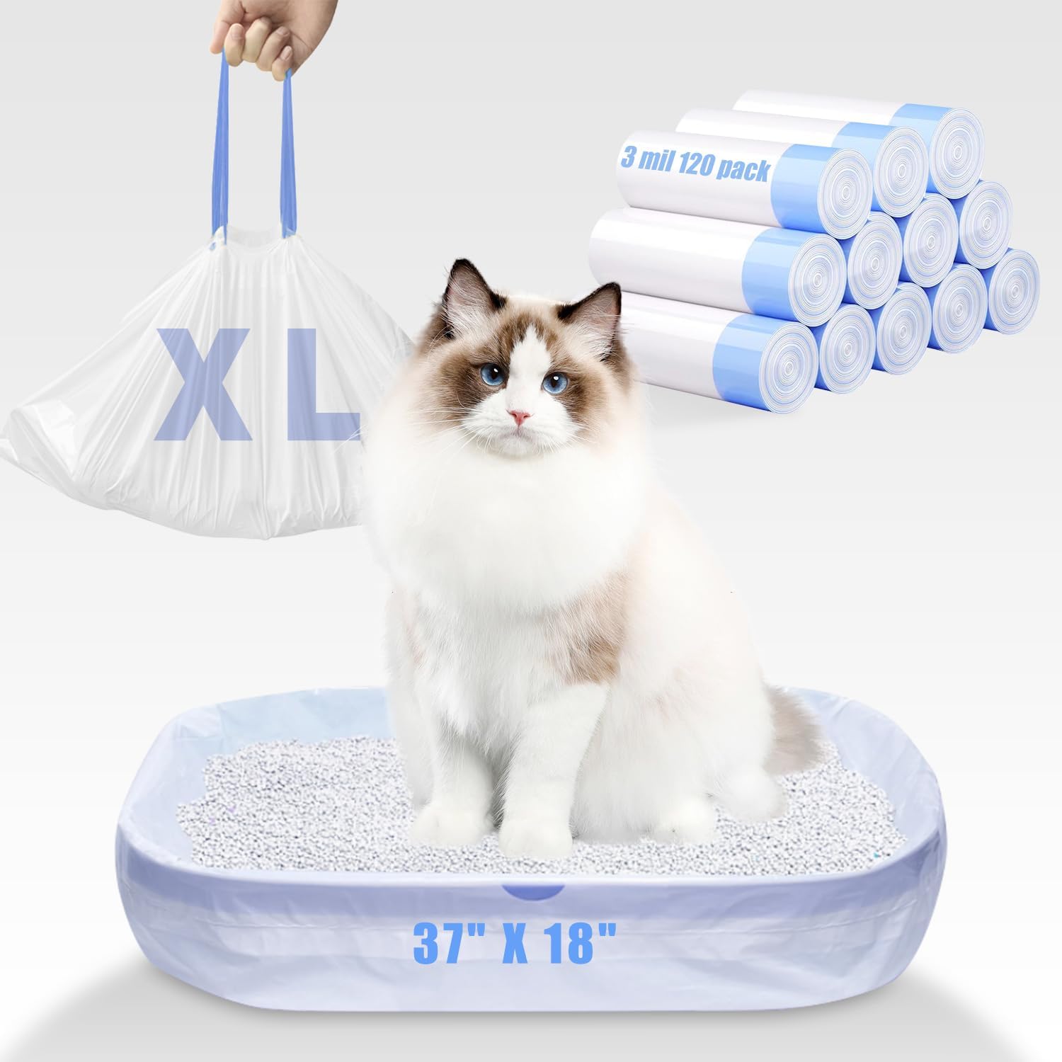 Jumbo Cat Litter Bags - 120 Pack Heavy Duty Drawstring Liners