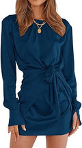 Women Ruched Wrap Satin Dress - Tie Waist Above Knee
