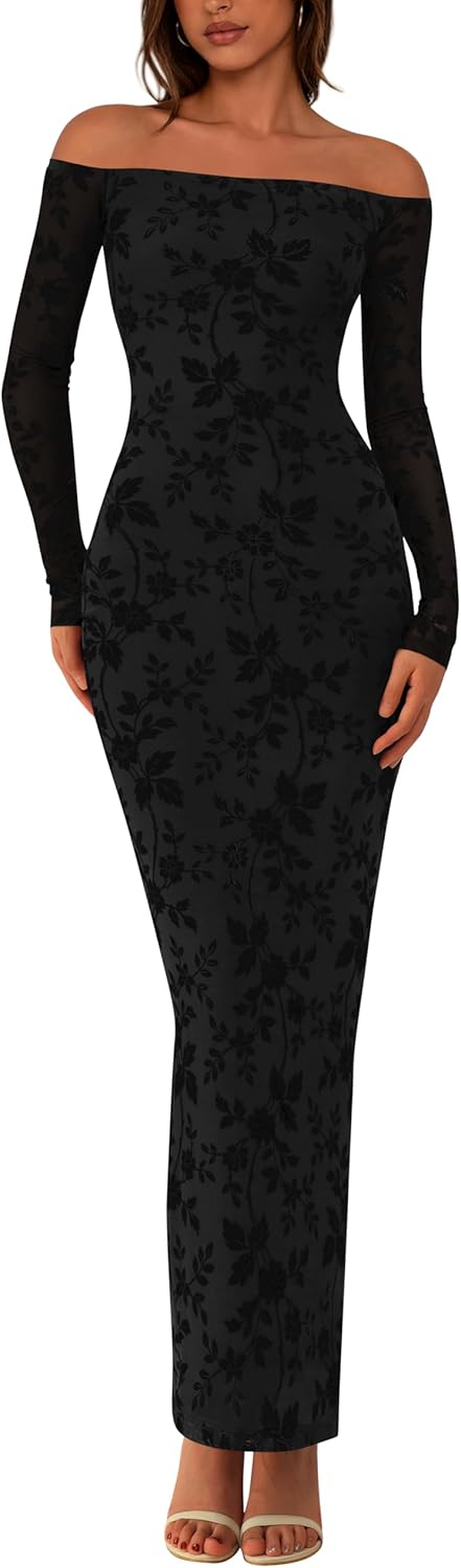 PRETTYGARDEN Womens Off The Shoulder Floral Maxi Dress for Fall