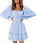 EXLURA Women's Lantern Sleeve Square Neck Mini Dress - Smocked Waist