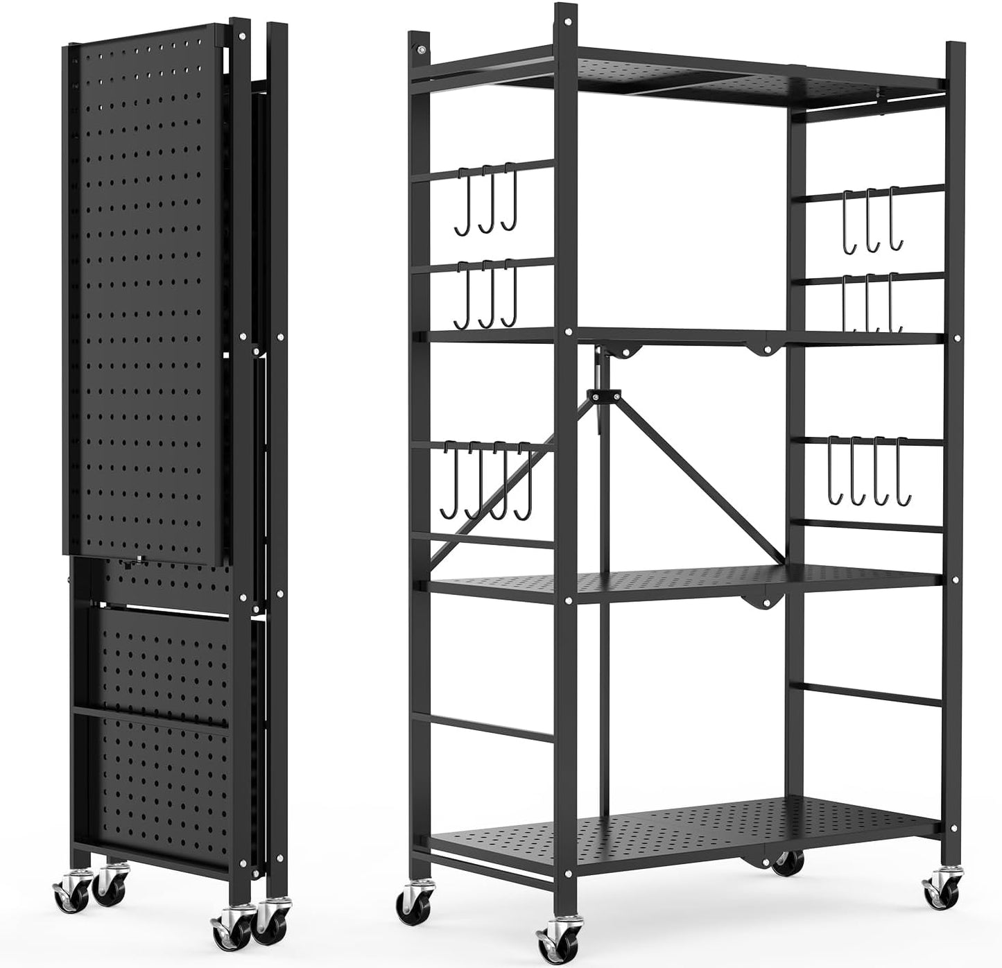 Himix 4-Tier Folding Storage Shelves with Hooks and Wheels