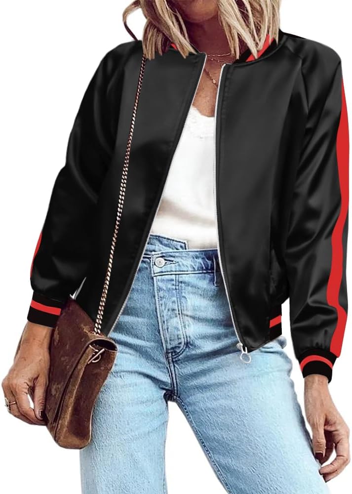 Lightweight Zip Up Bomber Jacket for Women - Casual Striped Coat