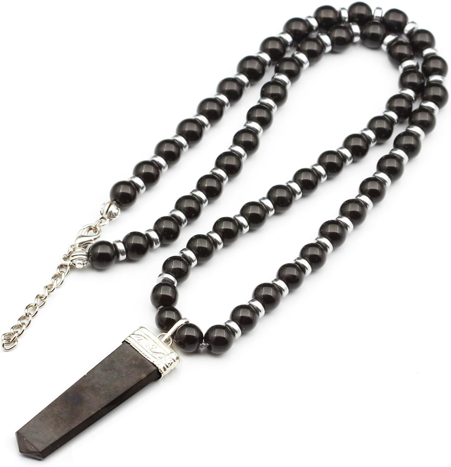 Natural Raw Tourmaline Pendant with Black Onyx Beaded Necklace