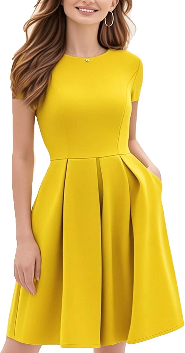 Oxiuly Women's Vintage Half Sleeve O-Neck Casual Swing Dress