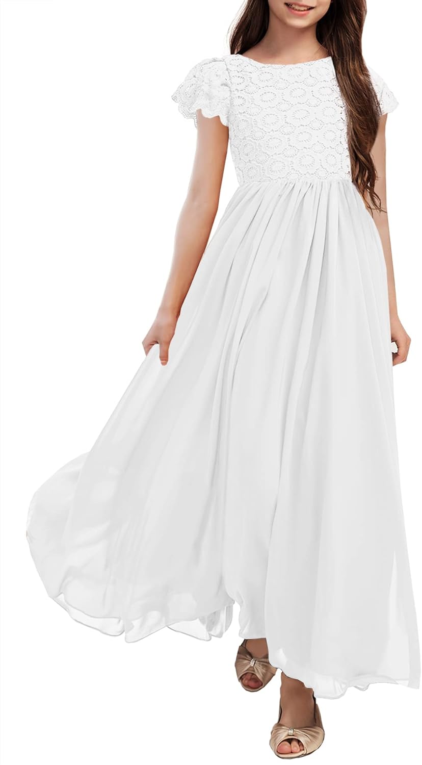 HOSIKA Girls Vintage Chiffon Ruffle Sleeve A-Line Maxi Dress