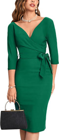 Women's Vintage Faux Wrap V Neck 3/4 Sleeve Work Dress - Knee Length