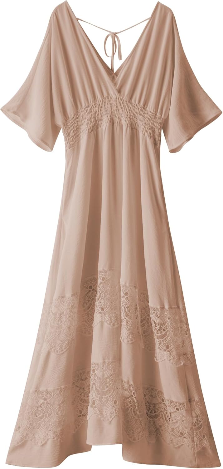 Women's Lace Maxi Dress Short Sleeve V Neck Party Dress