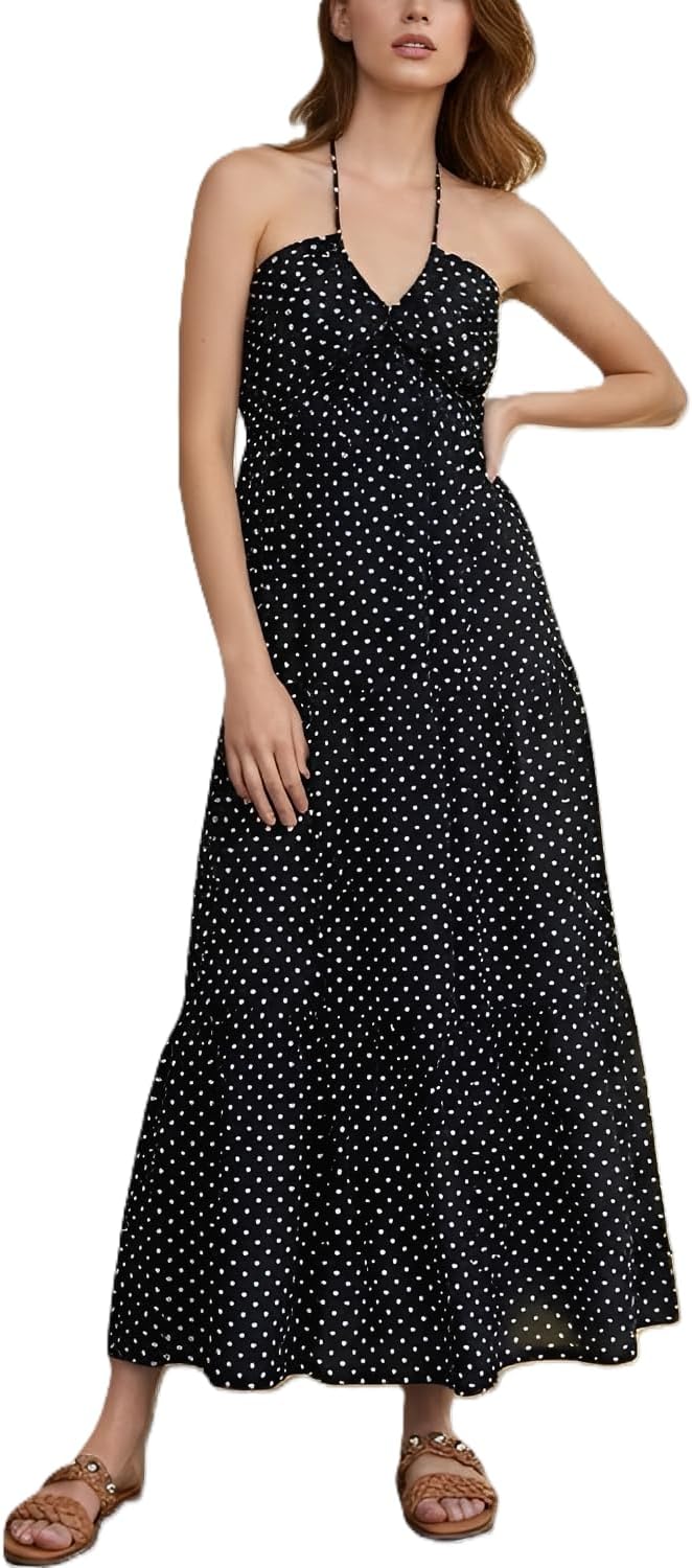 Women's Casual Halter Tiered Maxi Dress with Pockets for Summer