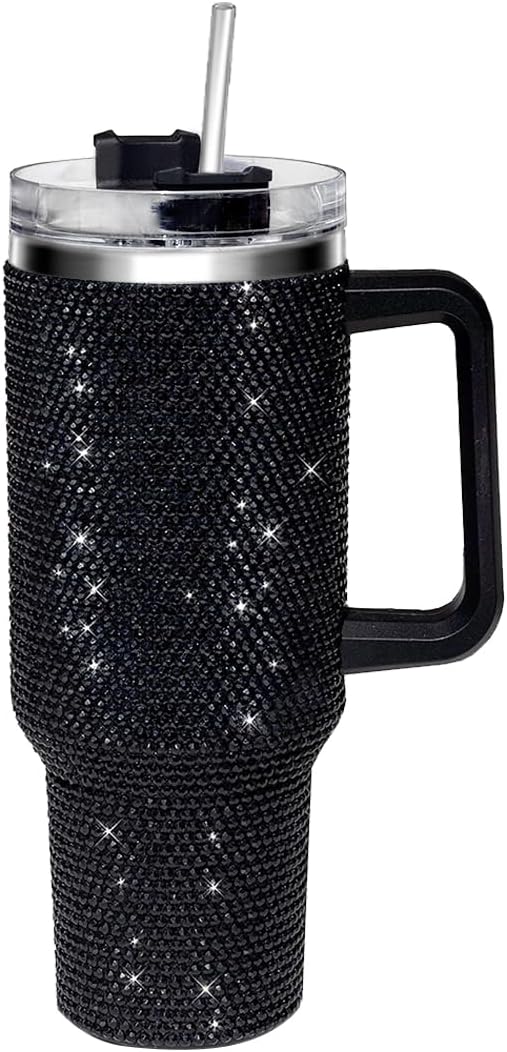 40 oz Bling Tumbler with Handle - Glitter Rhinestones Design