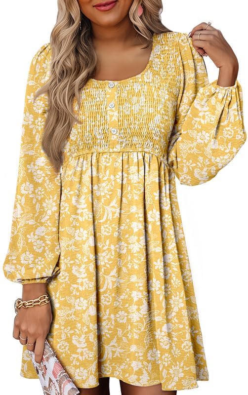 Dokotoo Womens Casual Dresses Smocked Crewneck Long Sleeve Mini