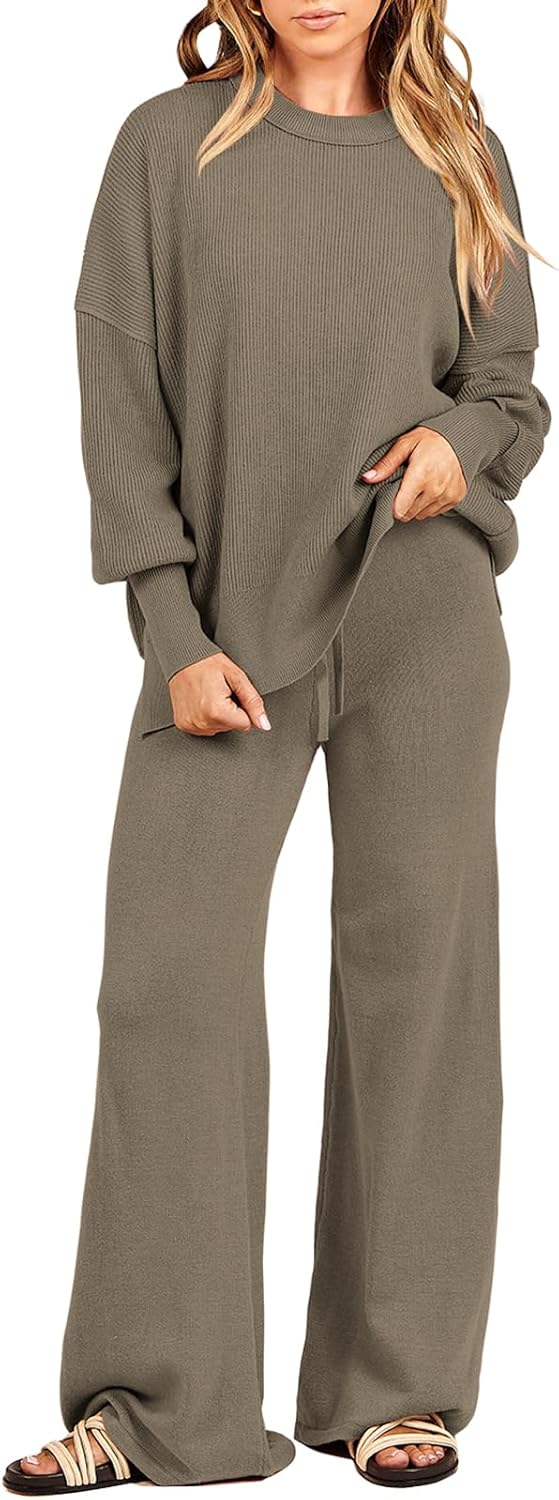 Oversized Chunky Knit Sweater and Wide Leg Pants Set for Women