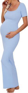 Blue Ribbed Maternity Square Neck Bodycon Maxi Dress - Fitted
