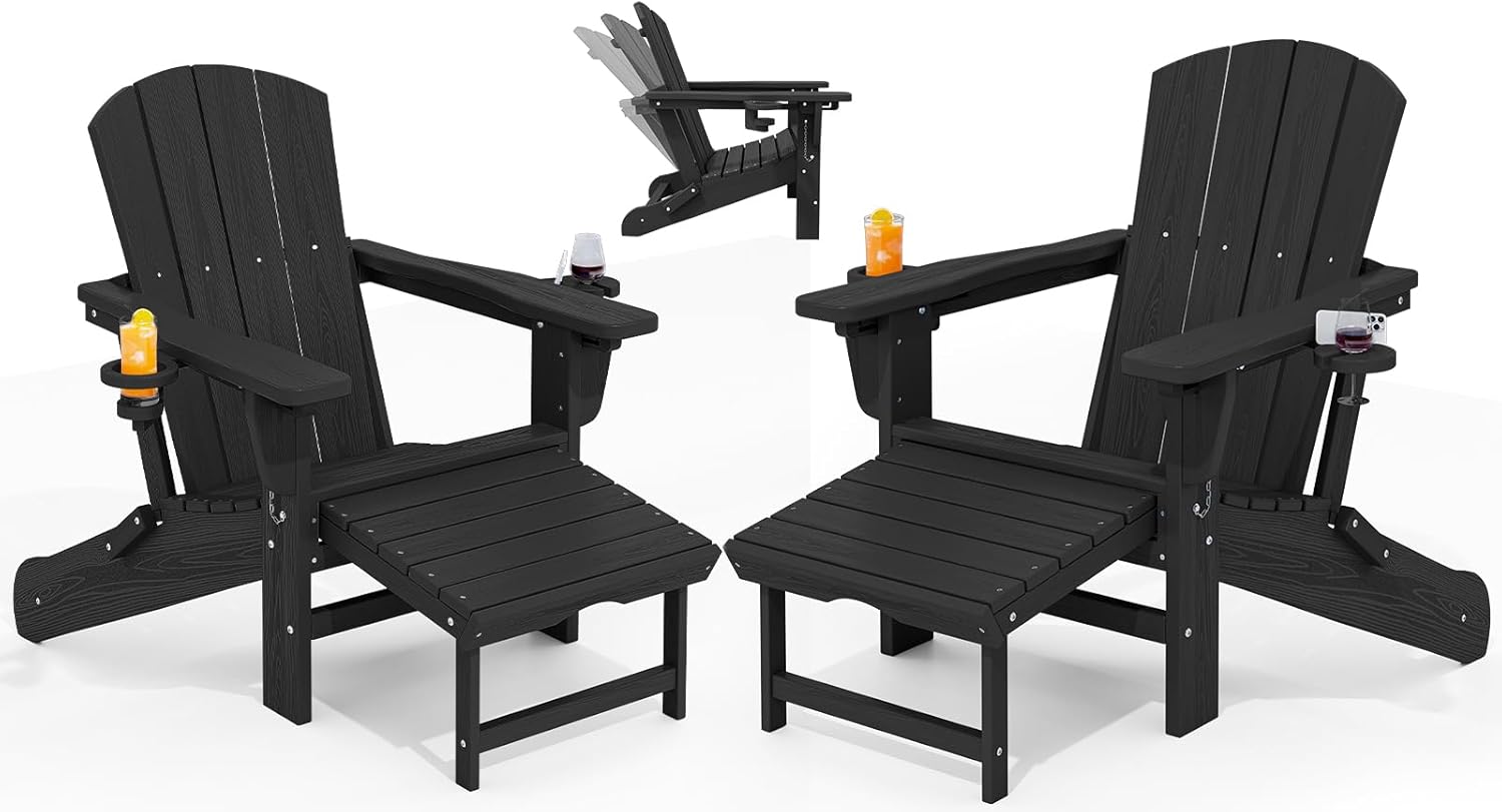 Adjustable Adirondack Chair Set of 2 with Ottoman and Cup Holder