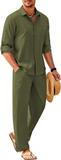 COOFANDY Mens Linen Sets 2 Piece Cuban Shirt and Pants Set - Summer us
