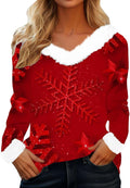 Merry Christmas Sweatshirts Women Faux Fur Trim V Neck Sweaters