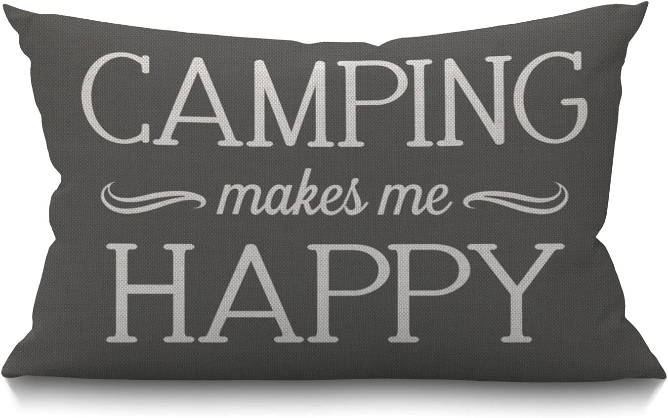 Happy Camping Motivational Quote Pillow Cover, 12x20 inches ~ 35 characters.