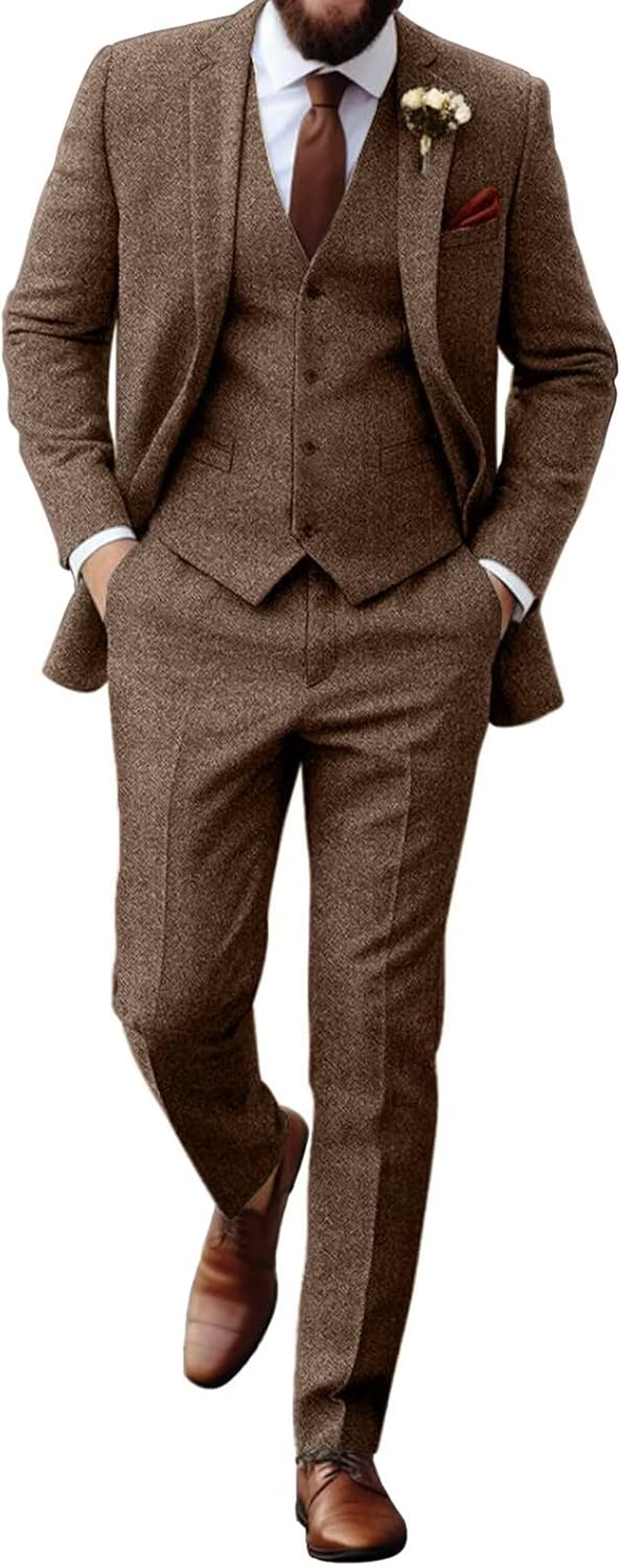 Retro Tweed Herringbone Suit for Men Slim Fit 3 Piece Set