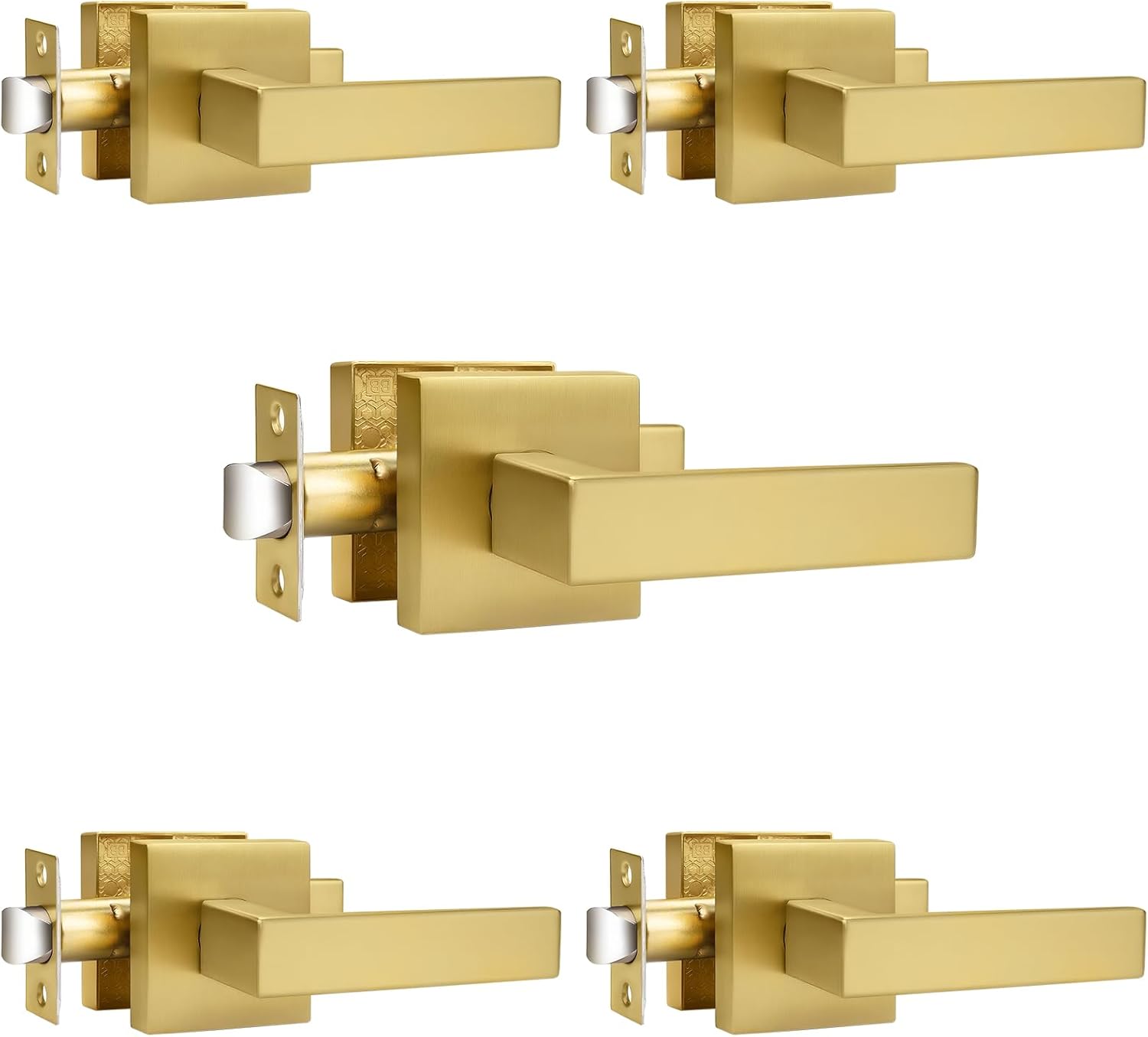 Probrico 5 Pack Square Brushed Gold Passage Door Handle Set