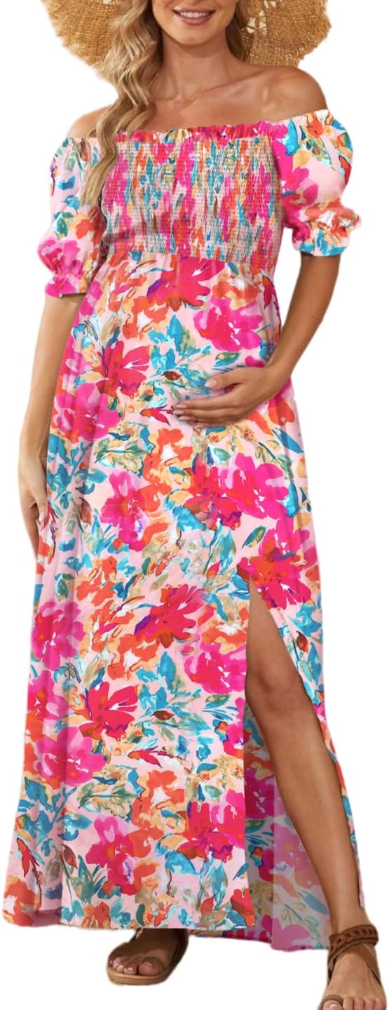 Floral Maternity Dress with Puff Sleeves for Baby Showers