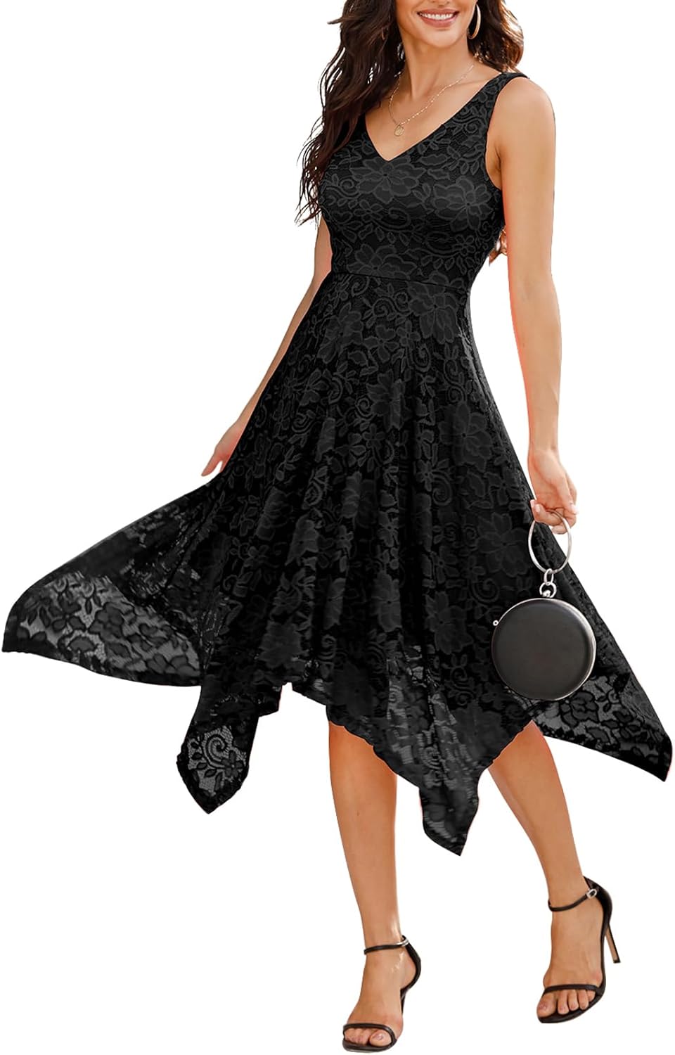 Stylish Women's Lace Cocktail Party Dress with Handkerchief Hem