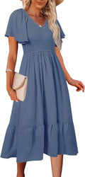 MEROKEETY Women's V Neck Ruffle Sleeve Smocked Midi Dress - Flattering