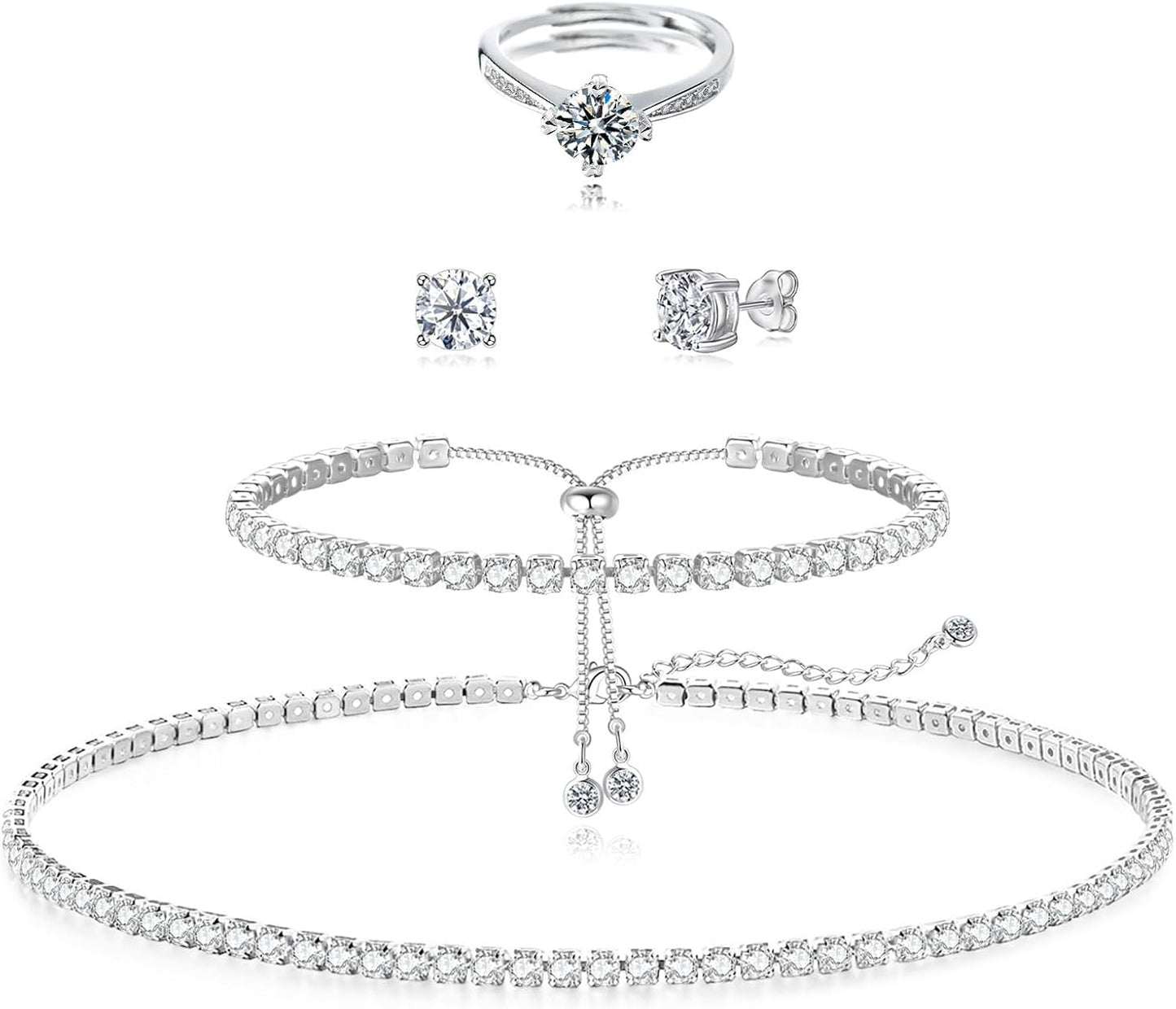 Tennis Necklace Bracelet Set for Women - Dainty Silver Jewelry