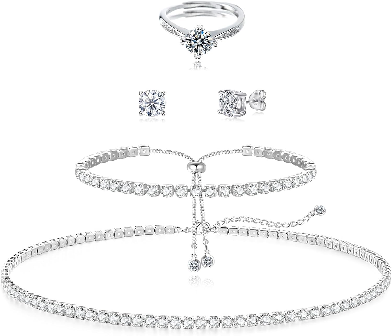 Tennis Necklace Bracelet Set for Women - Dainty Silver Jewelry