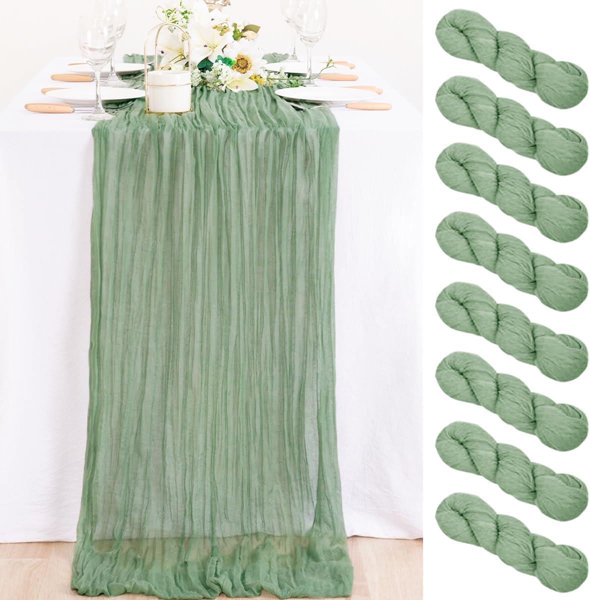 MLMC 8 Pack Sage Green Table Runner for Rustic Weddings and Events