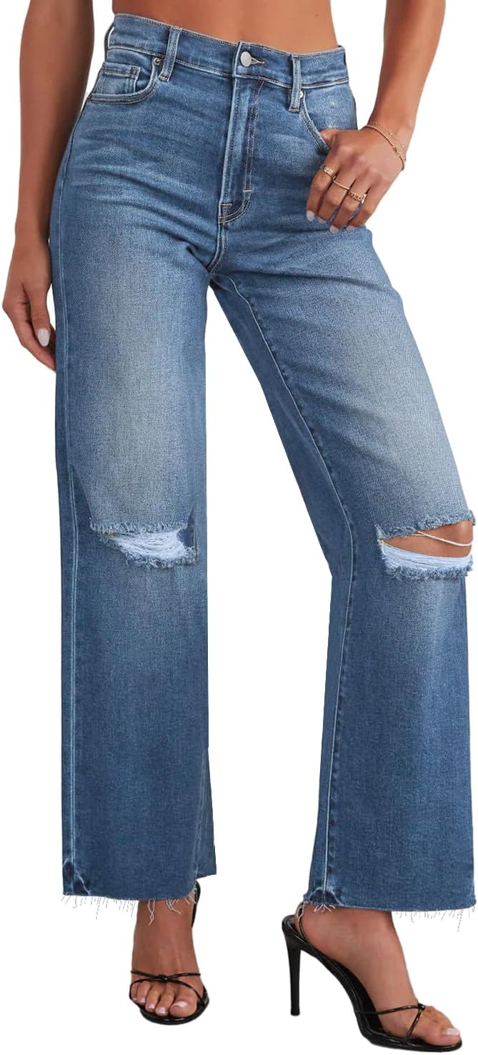 High Waisted Straight Ankle Wide Leg Ripped Jeans for Women