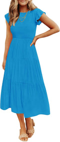 ZESICA Women's 2025 Summer Smocked Tiered Midi Dress - Flattering Size