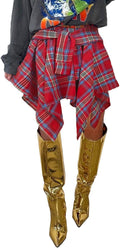 Women's Plaid Skirts High Waisted Knot Front Asymmetrical (Style VLM4)