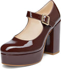 Coutgo Womens T-Strap Patent Chunky Platform Heels - 11cm Heel
