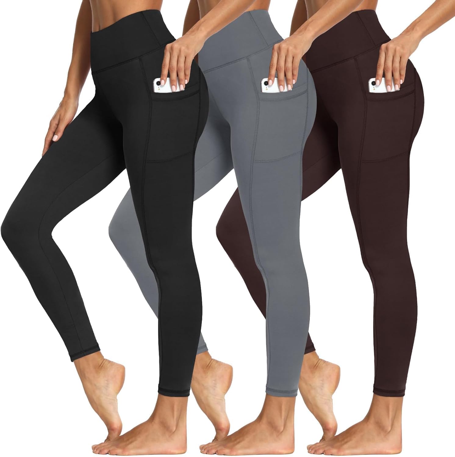 3 Packs Leggings with Pockets for Women - Soft High Waisted Pants