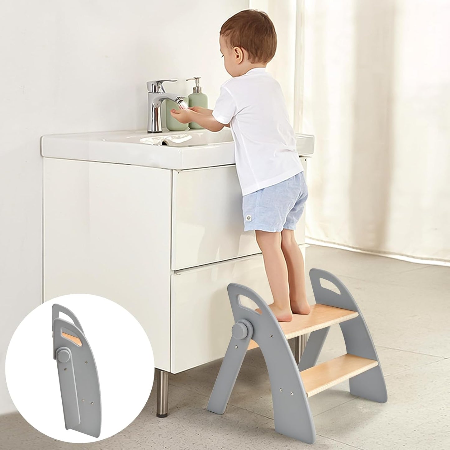 Wooden 2 Step Stool for Kids Bathroom Sink Foldable and Safe