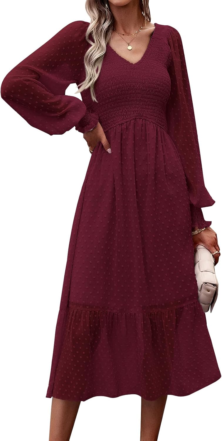 PRETTYGARDEN Women's Fall Dresses Long Sleeve V Neck Chiffon
