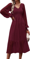 PRETTYGARDEN Women's Fall Dresses Long Sleeve V Neck Swiss Dot