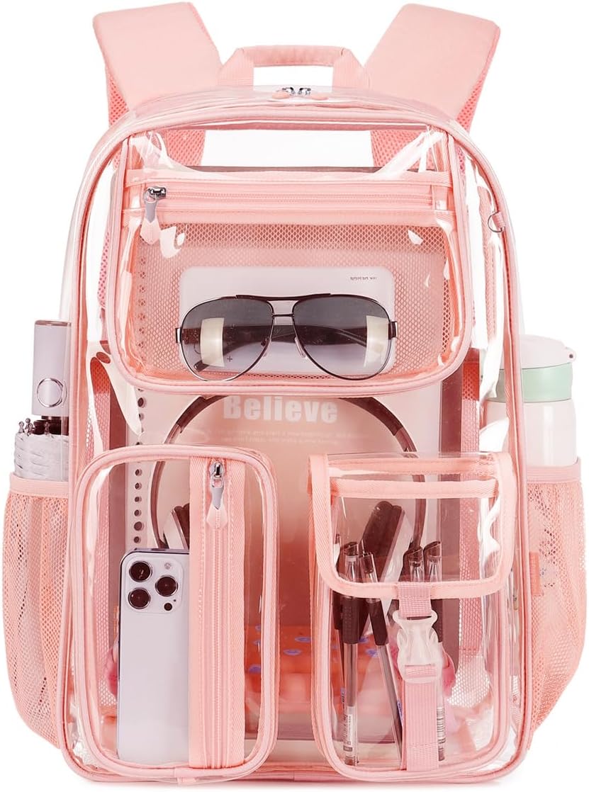 Pink See Through Backpack for Women - Heavy Duty Clear BookBag