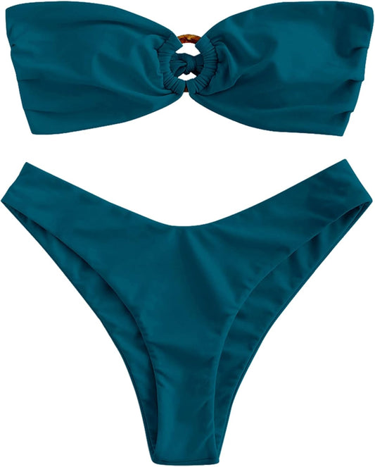 ZAFUL Women's Bandeau Bikini O Ring Strapless High Cut Swimsuit