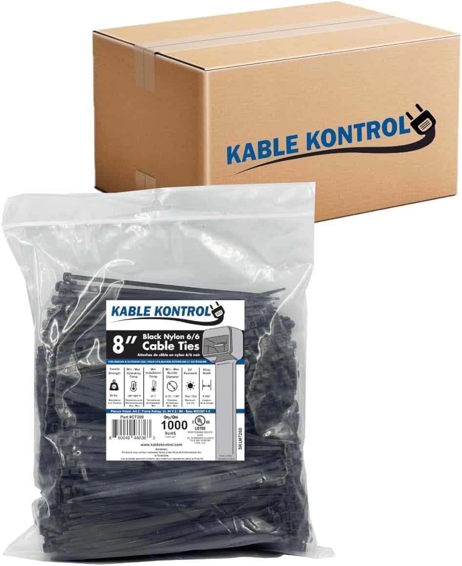 Kable Kontrol 8 Inch Black Cable Zip Ties - 10,000 Pcs Bulk Pack