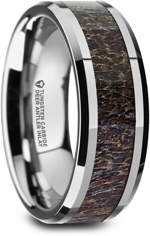 Fawn Tungsten Carbide Wedding Band Ring with Deer Antler Inlay