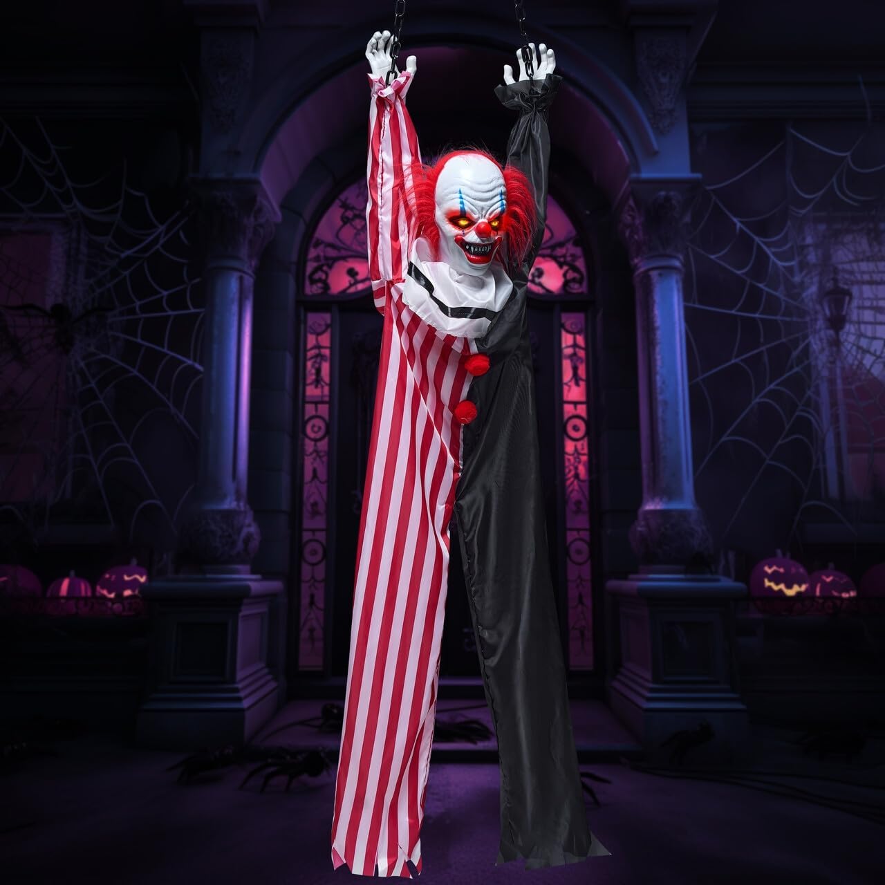 Creepy 65in Halloween Hanging Clown with LED Lights for Spooky Decor