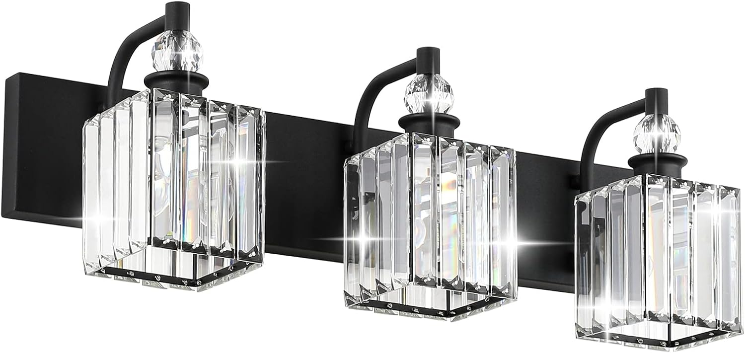 Modern Crystal Black Vanity Light for Bathroom 3 Light 24in