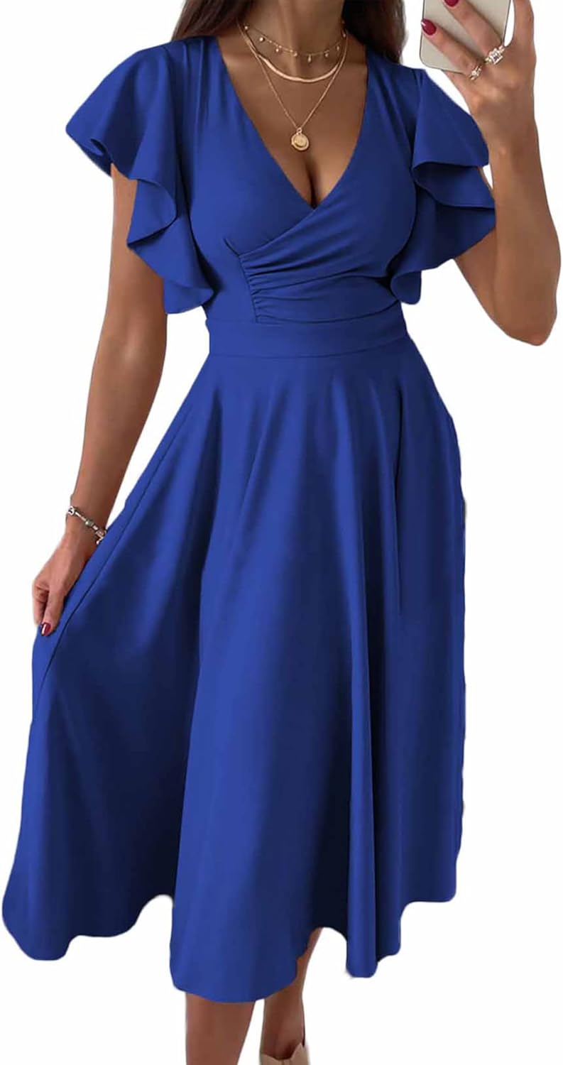 Elegant Ruffle Sleeve V Neck Midi Dress for Summer Events