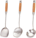 Wok Utensils Set - 3-Piece Stainless Steel Spatula, Ladle and Skimmer