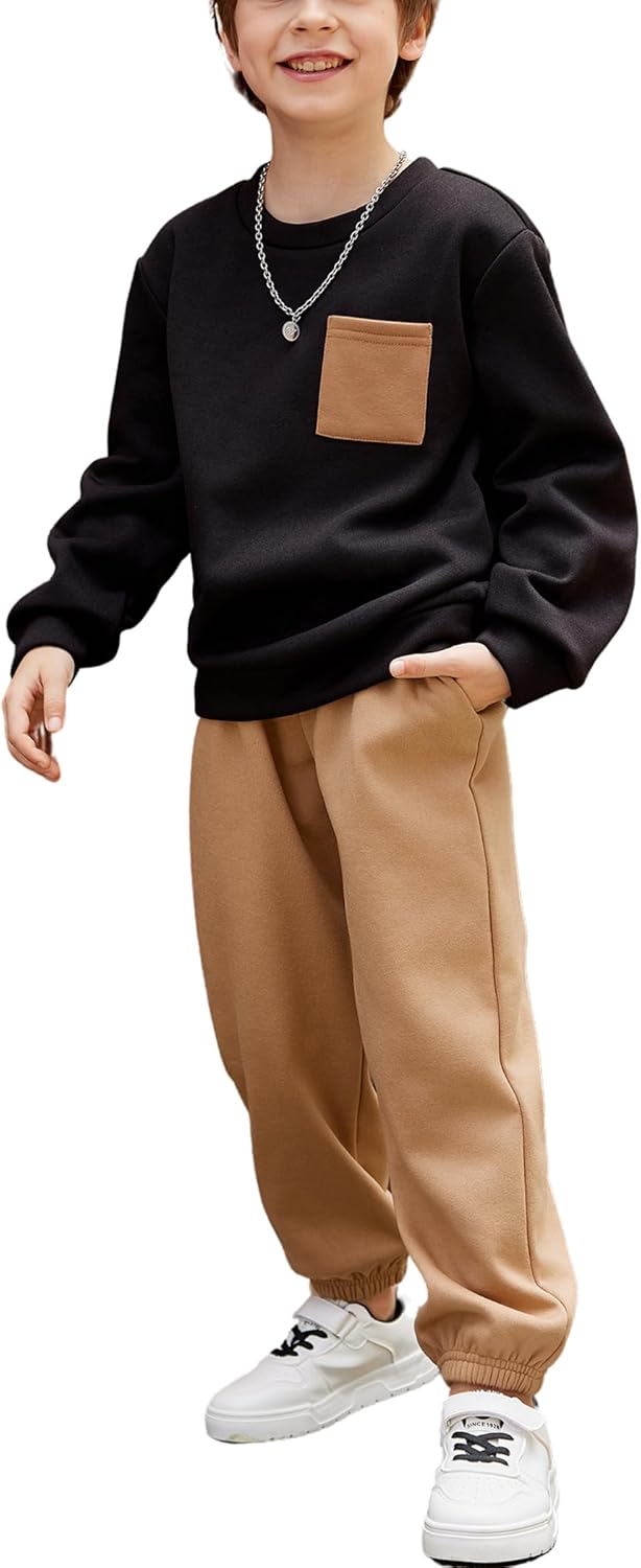 Arshiner Boys Fleece Colorblock Sweatshirt & Pants Outfit Set