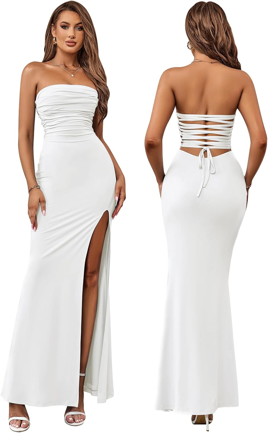 HTZMO Womens Tube Top Strapless Slit Bodycon Maxi Dress